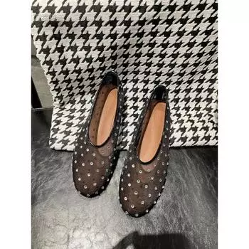 Sheepskin rhinestone fishing net shoes Mary Jane shoes mesh yarn breathable hollow sandals women s summer wear flat bottom shallow mouth single shoes 35