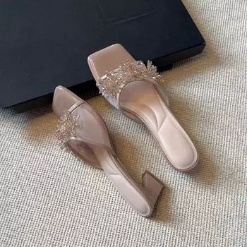 Sheepskin rhinestone mesh leather square head high-heeled slippers women s summer open-toed beautiful temperament wear cool slippers 35