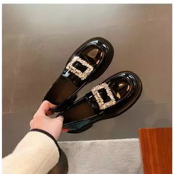 Sheepskin rhinestone square buckle women s platform leather British small leather shoes lazy one pedal thick heel commuting shoes 34