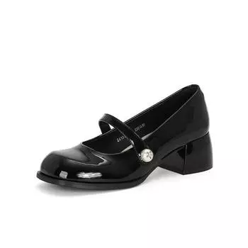 Sheepskin round head thick heel pearl word with thick heel Mary Jane shoes women s high heels versatile light mouth single shoes 35