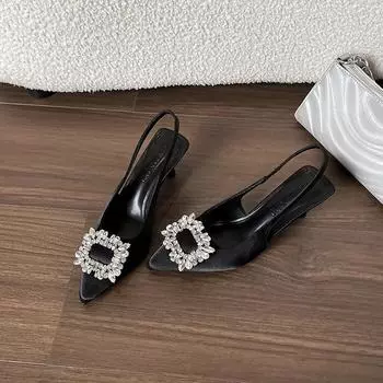 Sheepskin sandals women s summer new square buckle rhinestone kitten heel bag head thin heel pointed rear empty high heel French single shoes 34