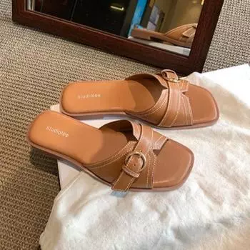 Sheepskin shoes women s summer wear niche diagonal cut square head bright line belt buckle flat bottom cool slippers 35