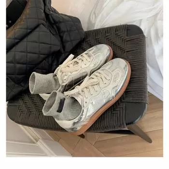 Sheepskin~ Silver leather women s thick-soled, lightweight and breathable casual sports shoes, versatile board shoes, running shoes 35