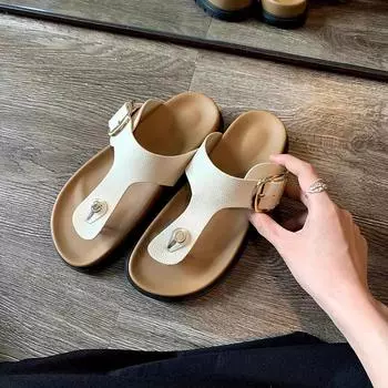 Sheepskin simple thick-soled leather slippers women s summer wear flat-bottomed flip-flops casual cool slippers 35