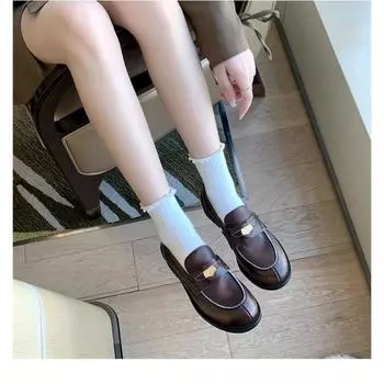 Sheepskin~ Small gold buckle genuine leather, one pedal, lazy women polish color, retro and old thick-soled British small leather shoes. 35