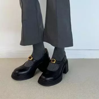 Sheepskin~ Small thick-soled heightening genuine leather women s retro one-word with thick-soled round head British small leather shoes 35