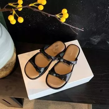 Sheepskin soft bottom bow open-toed beach versatile casual flat-bottomed slippers women s summer sandals 35