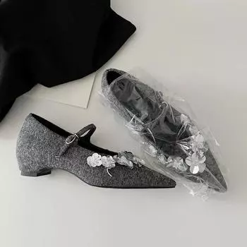 Sheepskin Sparkling Sequins Flower Silver Shoes Niche Mary Jane Shoes Women s Flat Bottom Inner Height Increasing Pointed Shoes 35