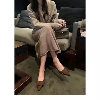Sheepskin~ Square buckle leather shoes, soft-soled Mary Jane shoes, women s 1 shallow mouth single shoes, beautiful flat-soled pointed ladyshoes 35