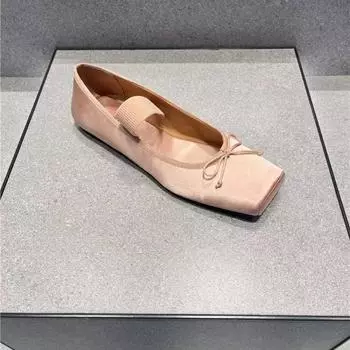 Sheepskin square head bow Mary Jane shoes women s flat ballet shoes fairy gentle wind word with light mouth single shoes 35