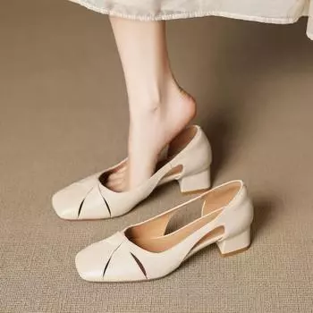 Sheepskin square head hollow sandals women s summer wear hole shoes retro shallow mouth side air breathable thick heel single shoes 35