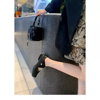 Sheepskin~ Square head pig nose leather shoes elastic band ballet Mary Jane shoes women s thick heel light mouth versatile single shoes 35