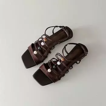 Sheepskin square head retro vacation style beaded one-word sandals women s low-heeled open-toed skirt beach shoes 35