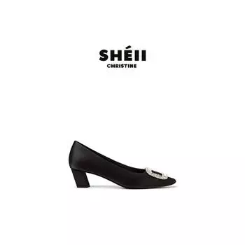 Sheepskin square head square buckle rhinestone high heels women s satin thick heel single shoes ol commuter banquet wedding shoes 34