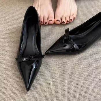 Sheepskin temperament inner height increase hollow shallow mouth single shoes women s one pedal pointed shoes bow Mary Jane shoes 35