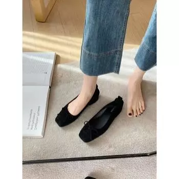 Sheepskin temperament square head shallow mouth bow small thick heel versatile leopard print shoes super soft single shoes women 35