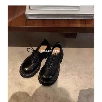 Sheepskin~ Thick-soled lace-up women s genuine leather retro round head British college style with skirt thick heel small leather shoes 35