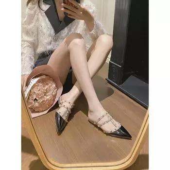 Sheepskin v home bag head half slippers female Internet celebrity rivet pointed shoes flat sandals leather outer wear summer sandals 34