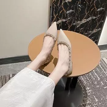 Sheepskin~ V home rivet shoes pointed leather shoes single shoes women s flat bottom shallow mouth versatile soft sole boat shoes flat heel women s 34