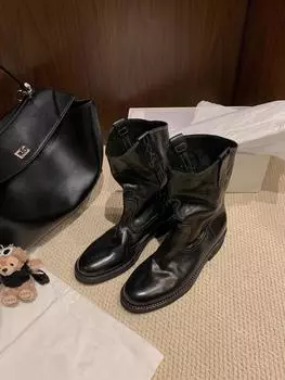Sheepskin~ V-mouth western cowboy boots women s autumn and winter Maillard thin boots thick heel medium tube desert boots locomotive short boots 35