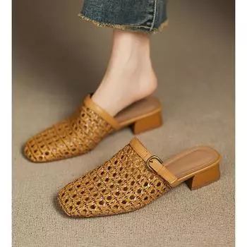 Sheepskin version~ 3cm thick heel slippers women s summer outer wear woven hollow breathable hole half drag fisherman sandals 35