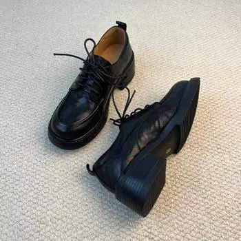 Sheepskin version~ Academic style lace-up thick heel women s leather versatile platform single shoes casual British small leather shoes 35
