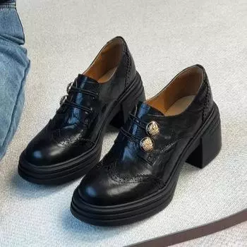 Sheepskin version~ Badge metal buckle retro one-pedal women s round head thick-soled waterproof table high-heeled small leather shoes 35