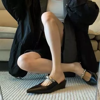 Sheepskin version! Baotou half slippers women s summer outer wear temperament niche pointed metal word with wedge heel shoes 35