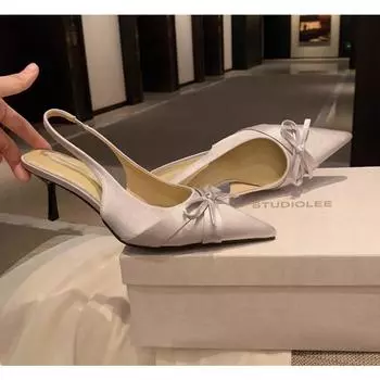 Sheepskin version~ Baotou sandals women s legs length 7cm thin heels bow high heels pointed empty single shoes 34