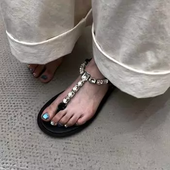 Sheepskin version~ Beautiful with skirt flat-bottomed flip-flops women s one-word with rhinestones toe vacation wind beach sandals 35