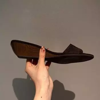 Sheepskin version~ Beautiful wood grain wedge heel leather high heel slippers women s summer wear small sandals one and a half slippers 35