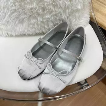Sheepskin version~ bow-tie ballet shoes gentle one-pedal flats silver Mary Jane single shoes women 35