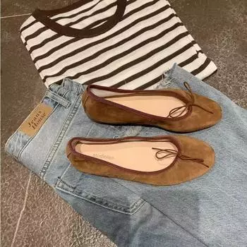 Sheepskin version~ Classic versatile round head shallow mouth temperament bow flat sole shoes women 35