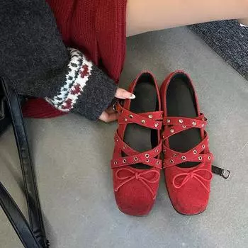Sheepskin version cross belt buckle ballet shoes women s new red Mary Jane shoes shallow mouth flat bow single shoes 34