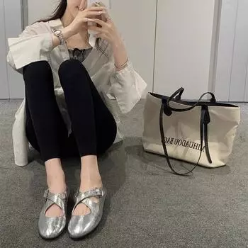 Sheepskin version~ Cross-strap silver round head Mary Jane single shoes women s leather versatile light mouth flat ballet shoes 35