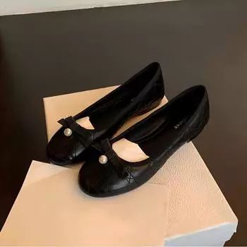 Sheepskin version~ Delicate bow pearl light mouth leather ballet shoes women s spring and autumn flats Mary Jane shoes 35