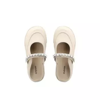 Sheepskin version dissolved shoes rhinestone word with Velcro big shallow mouth Mary Jane half drag canvas shoes women 35