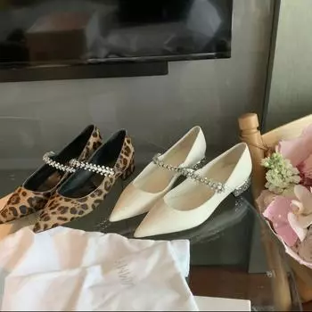 Sheepskin version~ Elegant small pointed leather diamond belt versatile leopard print shoes shallow mouth single shoes women s beautiful small h 35