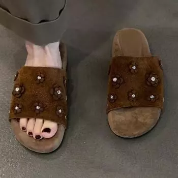 Sheepskin version~ Fashion retro niche rhinestone flower matte suede one-word drag women s comfortable cool slippers 35