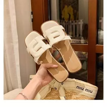 Sheepskin version flat-bottomed slippers women s summer comfortable hollowed-out and thin square head, wearing cool slippers outside the beach 35