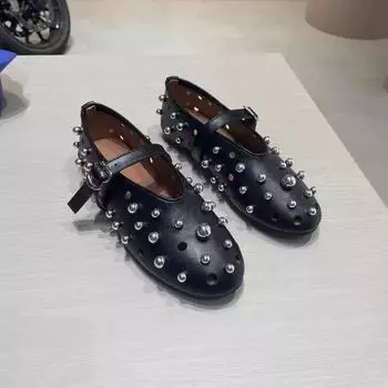 Sheepskin version~ Flat shoes, ballet shoes, one-word buckle rivets, Mary Jane shoes, shallow mouth versatile hollow single shoes women 35
