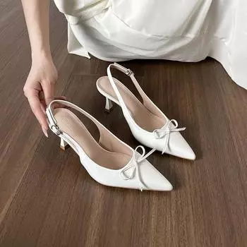 Sheepskin version~ French bow bag head, light mouth, empty sandals, women s skirt, single shoes, pointed thin heels, high heels. 34