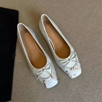Sheepskin version~ French gentle light mouth bow flat-soled small single shoes, women s square horsehair ballet shoes 35