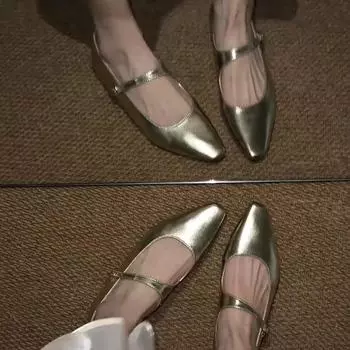 Sheepskin version~ French gold pointed tip with Mary Jane shoes, shallow mouth women s shoes, flat bottom inner height increase single shoes women 34