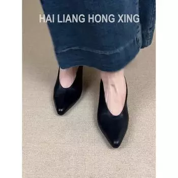 Sheepskin version~ French pointed single shoes women s shallow mouth versatile temperament commuter shoes retro black thick heel high heels 35