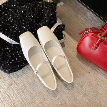 Sheepskin version French retro square head one-word buckle Mary Jane women s shoes patent leather flat fairy style ballet light mouth single shoes 35