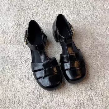 Sheepskin version~ French retro woven hollow round head Roman sandals women s one-button versatile low-heeled bag head sandals 35