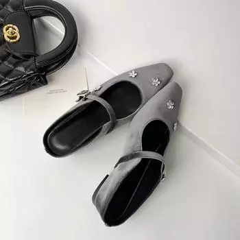 Sheepskin version~ French rhinestone flower bag head half slippers women s outer wear inner height increase square head temperament Mary Ja 35