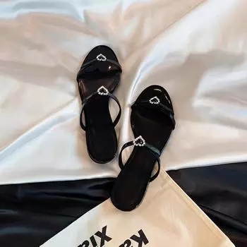 Sheepskin version~ French rhinestone love buckle flat-soled sandals for women s summer versatile round head with thick heels and cool slippers 35