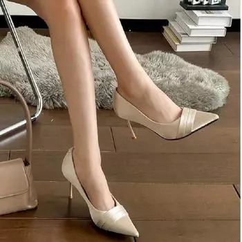 Sheepskin version~ French satin pointed high heels women 2025 new bridesmaid shoes fairy style stiletto single shoes nude 35 абрикосовый